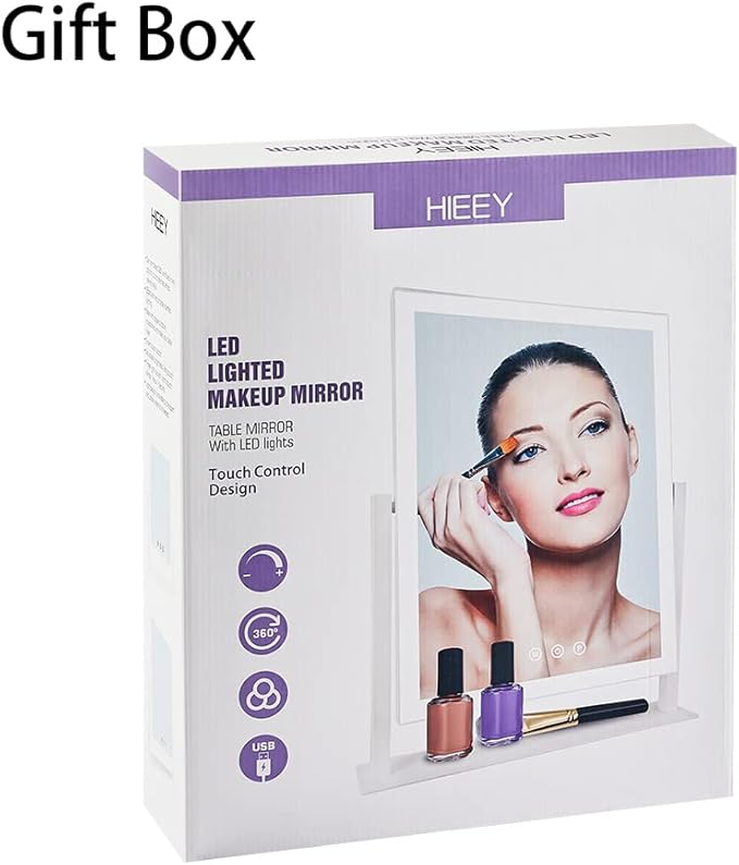 HIEEY Lighted Makeup Mirror, Hollywood Vanity Mirror with Lights, Three Color Lighting Modes, and 5X Magnification Mirror, Smart Touch Control, 360°Rotation (17.3in,White,Gift Box)