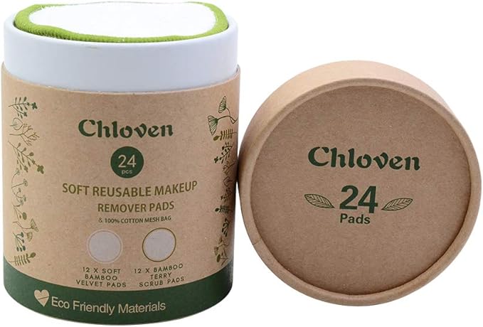 Chloven Reusable Makeup Remover Pads 24 Pack - Washable Eco-Friendly Bamboo Velour Pads for All Skin Types,Bamboo Reusable Cotton Rounds for Toner, with Cotton Bag and Round Box for Storage