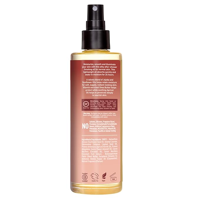 Desert Essence, Jojoba & Sunflower Body Oil Spray, 8.28 fl. oz. - Gluten-Free, Vegan, Cruelty Free - 24hour Moisture, Soothes Skin, Perfect for Sensitive Skin, Illuminating Body Spray