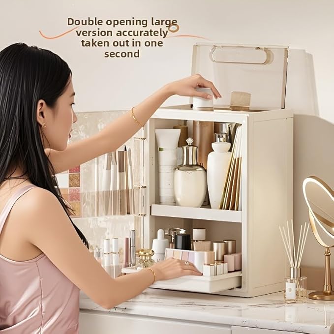 Makeup Organizer with Drawers,Skincare Organizer for Vanity,Large Cosmetic Display Case with Handle,Storage Organizers with Cover and Makeup Brush Holder for Dresser, Bathroom Countertop