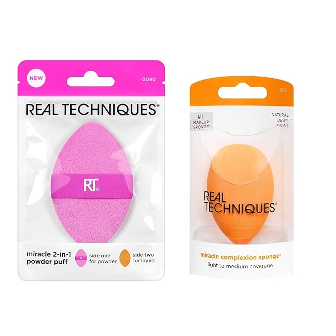 Real Techniques Miracle Complexion Sponge + Miracle 2-In-1 Powder Puff, Makeup Blending Sponge & Dual-Sided Powder Puff, For Liquids, Creams, & Powders, Vegan & Latex-Free, 2 Count