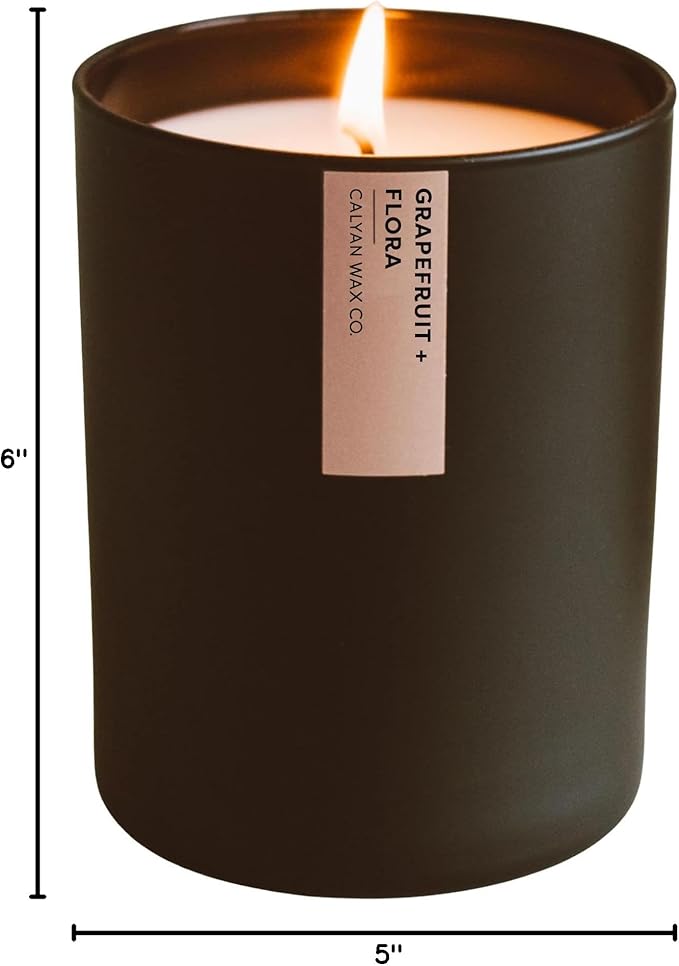 Calyan Wax Co. Grapefruit & Flora Scented Candle - 75 Hour Burn - Luxury Non Toxic Soy Wax Candles - Long Lasting Black Tumbler Jar Candle for Home - 10.2oz