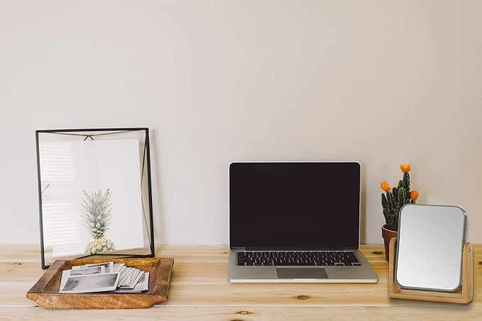 YEAKE Double Sided 3X Magnifying Makeup Mirror with Bamboo Stand,Small Desk Table Mirror with 360° Rotation,Standing Portable Cosmetic Mirror,Good for Shower,Shaving and Traveling-Grey