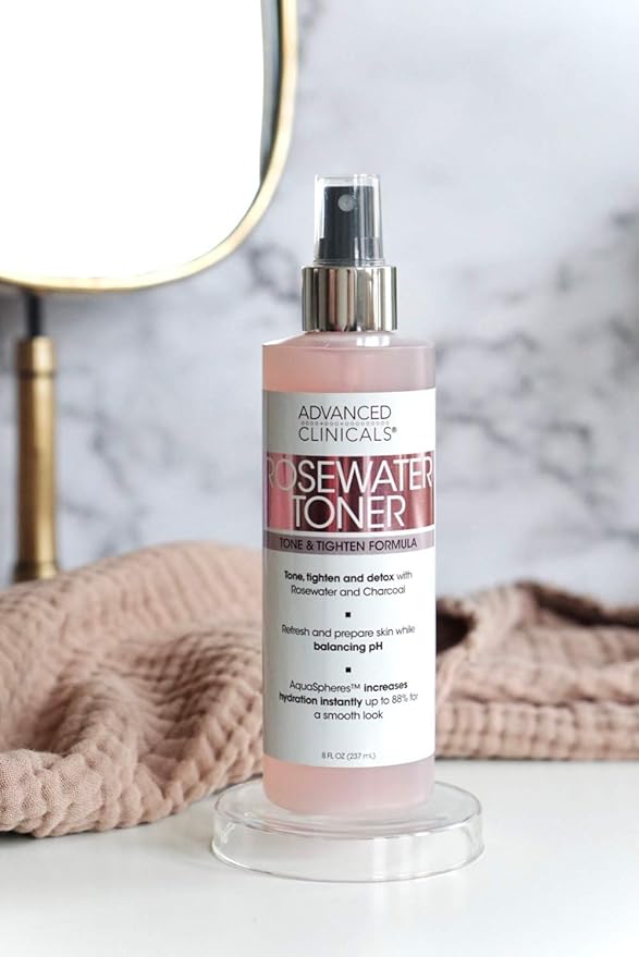 Advanced Clinicals Collagen + Rosewater Facial Mist Toner W/Charcoal & Aloe Vera. Alcohol-Free PH Balancing Formula Detoxifies & Hydrates Skin Improving Overall Skin Tone, Calming Face Mist, 8 Fl Oz
