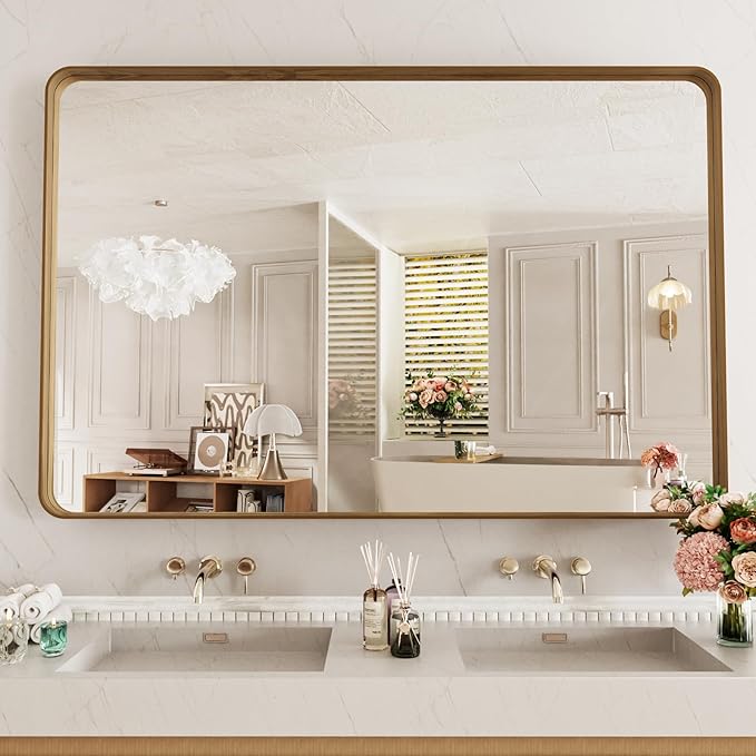 LOAAO 55X30 Inch Bathroom Mirror with Wood Grain Colored Metal Frame, Rounded Rectangle Metal Framed Bathroom Mirror, Anti-Rust, Hangs Horizontally or Vertically, Tempered Glass