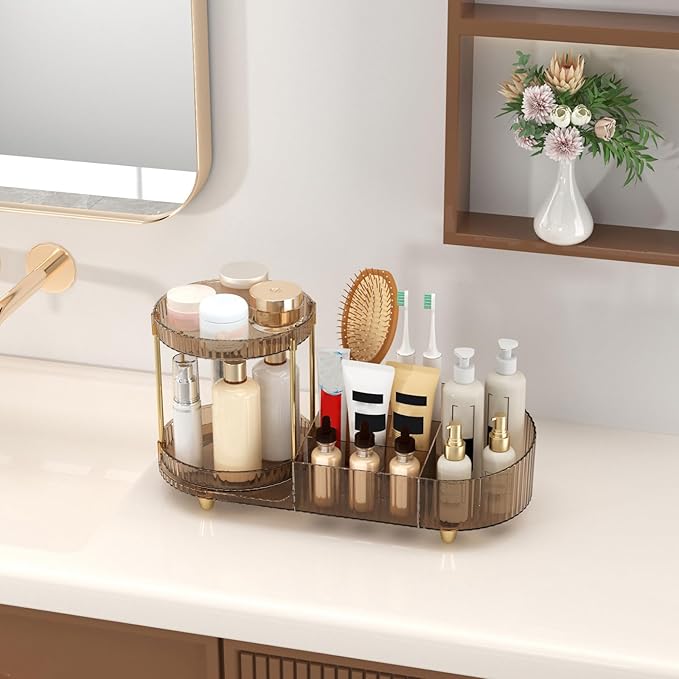 Makeup Organizer Countertop with 360 Rotating Perfume Trays, 7-Divider Vanity Skincare Organizers, Make Up Desk Organization and Storage with Cosmetic Brush Holder for Bedroom Bathroom Counter