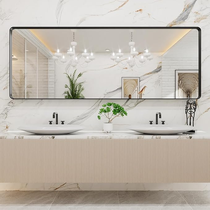 LOAAO 84x32 Inch Black Metal Framed Bathroom Mirror for Wall, Matte Black Bathroom Vanity Mirror Farmhouse, Large Rounded Rectangle Mirror, Anti-Rust, Tempered Glass, Hangs Horizontally or Vertically