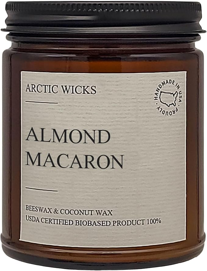 Arctic Wicks Scented Coconut Beeswax Candles | Coconut Beeswax Non Toxic Candle 9oz Amber | Farmhouse Candles Non-Toxic Clean Burn 100% USDA Certified Biobased (Almond Macaron)