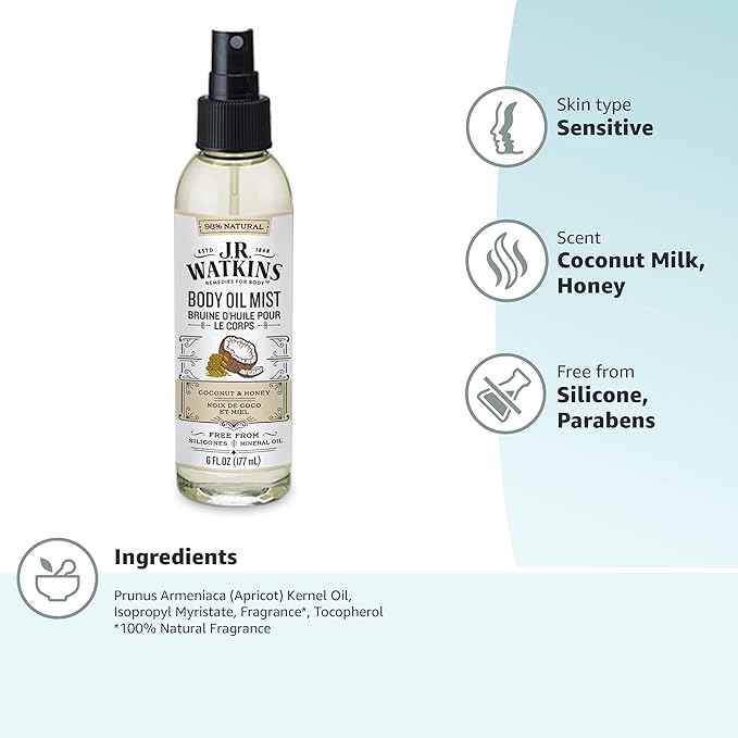 JR Watkins Natural Hydrating Body Oil Mist, Coconut Milk & Honey, Moisturizing Body Oil Spray for Glowing Skin and Cruelty Free, 6 fl oz