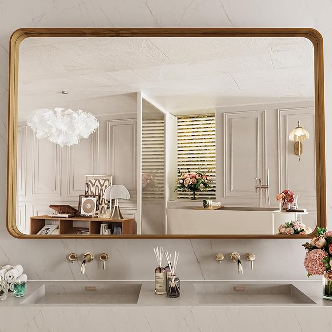 LOAAO 48X30 Inch Bathroom Mirror with Wood Grain Colored Metal Frame, Rounded Rectangle Metal Framed Bathroom Mirror, Anti-Rust, Hangs Horizontally or Vertically, Tempered Glass