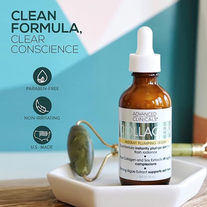 Advanced Clinicals Collagen Serum For Face | Visible Anti Aging Collagen Peptide Serum + Hyaluronic Acid Moisturizer Improves Look Of Wrinkles, Dry Skin, & Fine Lines, No added Fragrance, 2-Pack