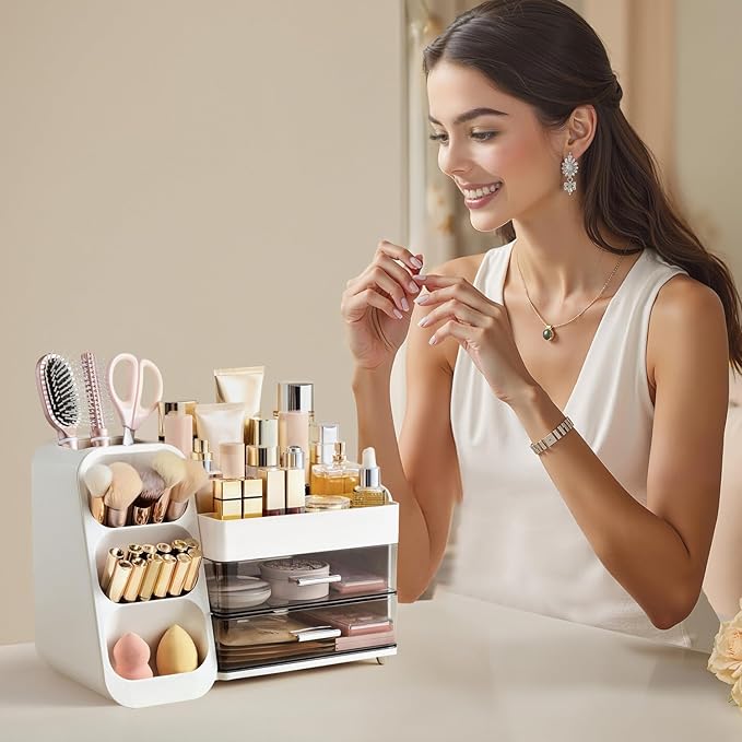 HBlife Makeup Organizer with Brush Holder for Vanity, Large Plastic Bathroom Countertop Organizer Skin Care Storage, Easy to Store Lipsticks, Nail Polishes, Perfumes, Eyeshadow Palettes, White