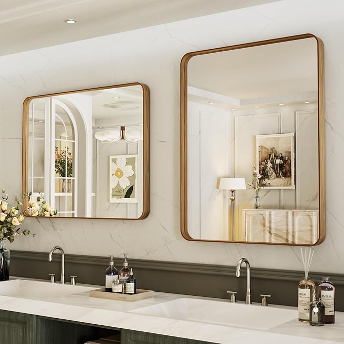 LOAAO 28X36 Bathroom Mirror with Wood Grain Colored Metal Frame, Rounded Rectangle Metal Framed Bathroom Mirror, Anti-Rust, Hangs Horizontally or Vertically