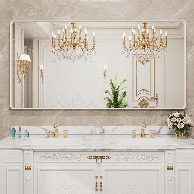 LOAAO 72x40 Inch White Metal Framed Bathroom Mirror for Wall, White Bathroom Vanity Mirror Farmhouse, Large Rounded Rectangle Mirror, Anti-Rust, Tempered Glass, Hangs Horizontally or Vertically