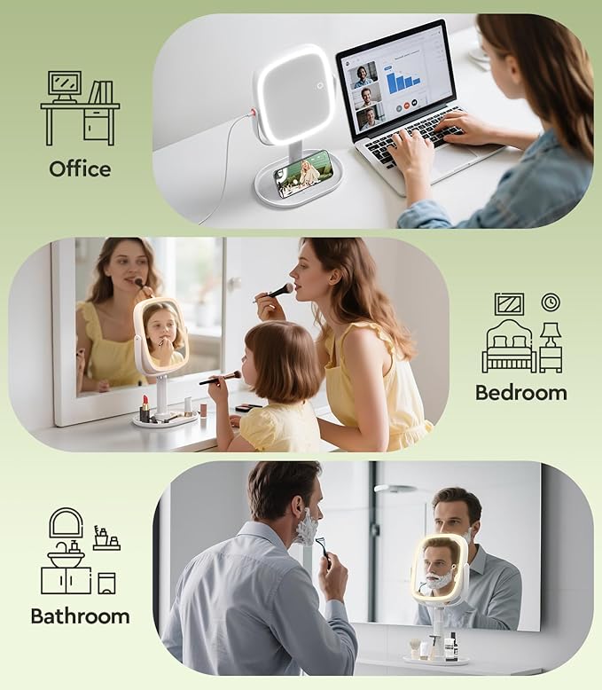 Height Adjustable Lighted Makeup Mirror with Lights and Magnification, 1X 20X Magnifying Mirror with Light 4000mAh Rechargeable, Tray Base and Phone Stand for Desk, Gifts for Women (White)