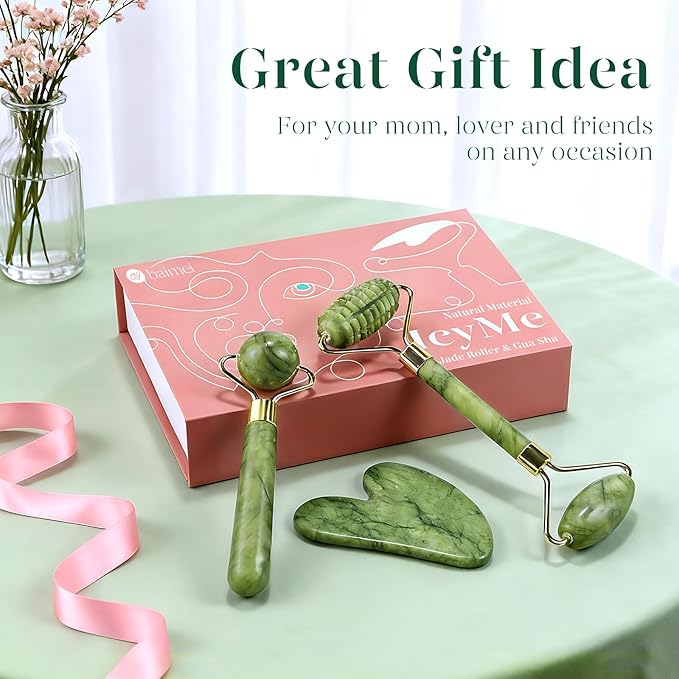 BAIMEI IcyMe Gua Sha and Jade Roller for Face, Natural Jade Face Roller with Ridge Design for Reducing Puffiness & Skin Firming,Facial Sculpting Tool, Self Care Gift for Women Men