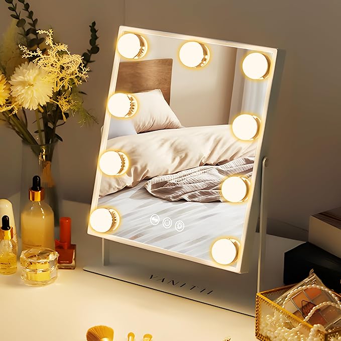 VANITII Vanity Mirror with Lights Hollywood Lighted Makeup Mirror with 9 Dimmable Bulbs Smart Touch Control 3 Colors Light for Bedroom, Detachable 10X Magnification, 360°Rotation