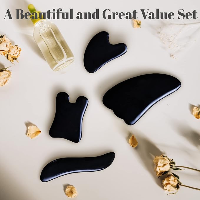 Rena Chris Guasha Massage Tool, 4 Pcs Gua Sha Facial Tool, Guasha Board for SPA Acupuncture Therapy Trigger Point Treatment, Gua Sha Scraping Massage Tool(Black)