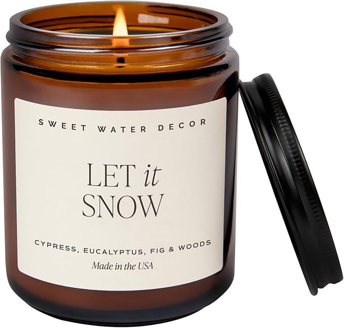 Sweet Water Decor Let it Snow Christmas Scented Candles - Christmas Stocking Stuffers Soy Candles with Cypress Scent - Christmas Candles with 40 Hours Burn Time - 9Oz Black Lid Amber Jar Wax Candles