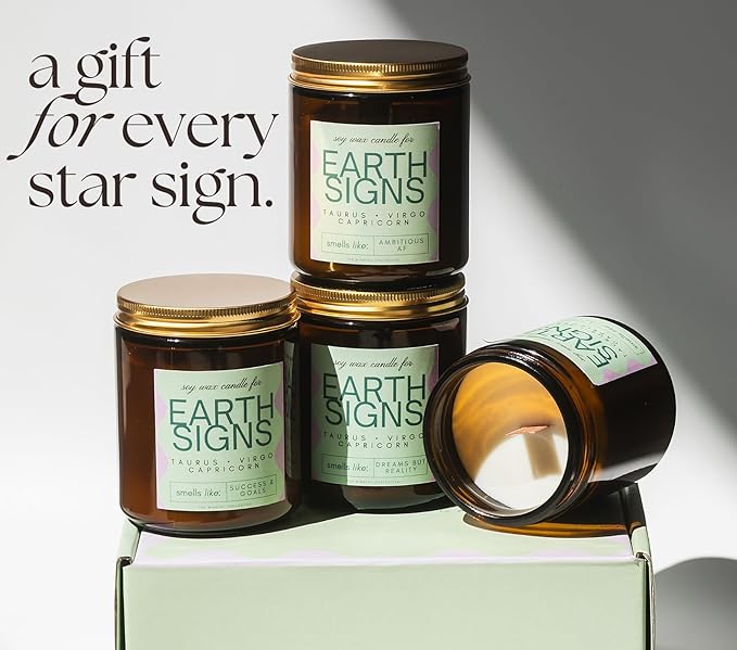 Pisces, Cancer, Scorpio Gifts for Women - 4Pack Wood Wick Candles, 6oz Small Candles Set for Women. Zodiac Astrology Birthday Spiritual Gifts, Natural Soy Wax