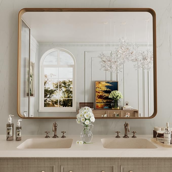 LOAAO 40X32 Inch Bathroom Mirror with Wood Grain Colored Metal Frame, Rounded Rectangle Metal Framed Bathroom Mirror, Anti-Rust, Hangs Horizontally or Vertically, Tempered Glass