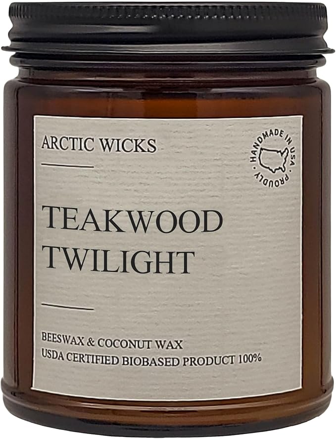 Arctic Wicks Scented Coconut Beeswax Candles | Coconut Beeswax Non Toxic Candle 9oz Amber | Farmhouse Candles Non-Toxic Clean Burn 100% USDA Certified Biobased (Teakwood Twilight)