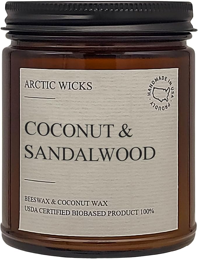 Arctic Wicks Scented Coconut Beeswax Candles | Coconut Beeswax Non Toxic Candle 9oz Amber | Farmhouse Candles Non-Toxic Clean Burn 100% USDA Certified Biobased (Coconut & Sandalwood)