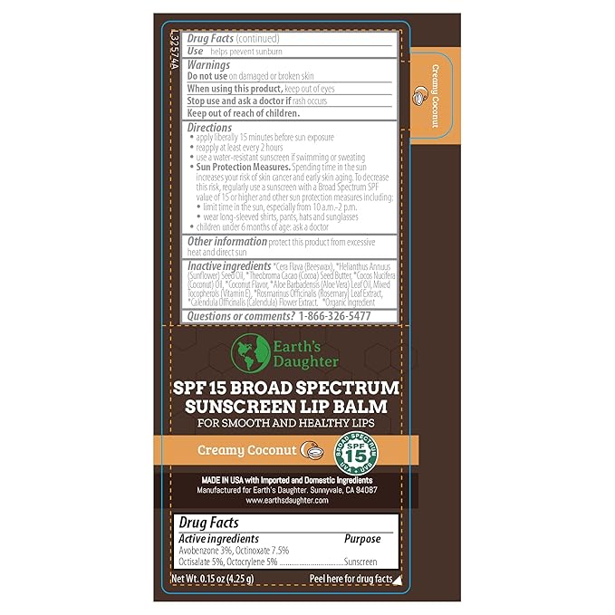 Earth's Daughter SPF Coconut Lip Balm 4-Pack Stocking Stuffers - Lip Sunscreen, SPF 15, Organic Ingredients, Beeswax, Coconut Oil, Vitamin E - Hypoallergenic, Paraben Free, Gluten Free, New