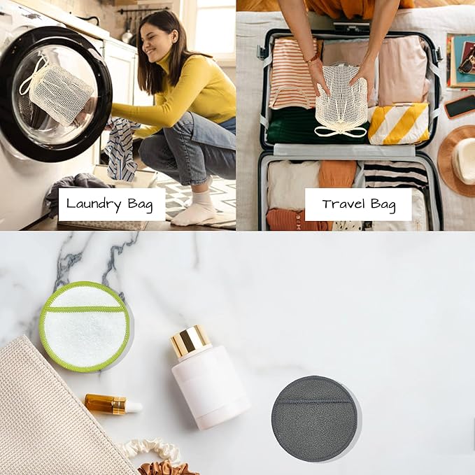 Chloven Reusable Cotton Rounds 16 Pack - Machine Washable Bamboo Charcoal Makeup Remover Pads for Face, Bamboo Terry Face Wipes Reusable Makeup Pads with Cotton Bag for Storage