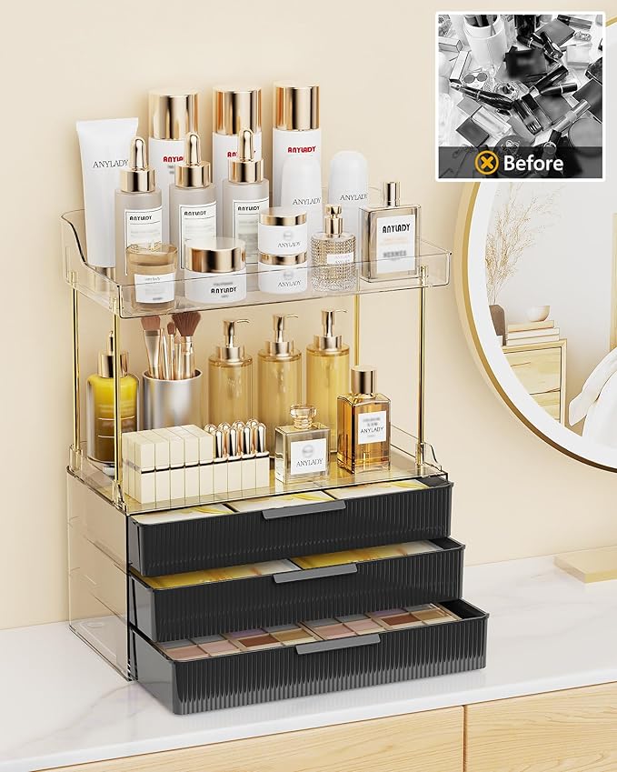 Bathroom Organizers and Storage, Makeup Organizer (Sturdy Durable Attractive), Ideal for Vanity, Countertop, Counter, Perfume, Skincare, Cabinet, Cosmetic, Dresser Organizer (Deep Black)