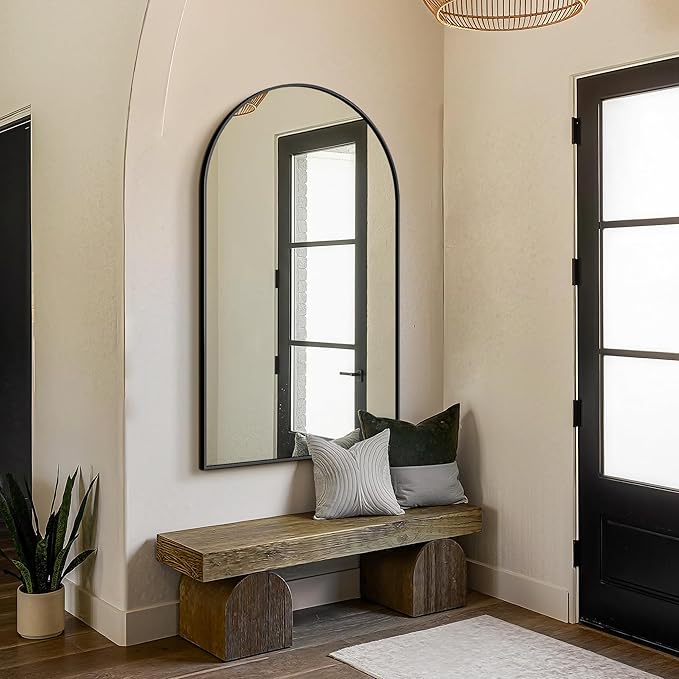 FICTOR Bathroom Vanity Mirror for Wall,55”x30” Large Arched Bathroom Mirror, Metal Framed with HD Shatter-Proof Glass for Entryway, Living Room,Bedroom, Wall Mounted or Leaned Against(Black)