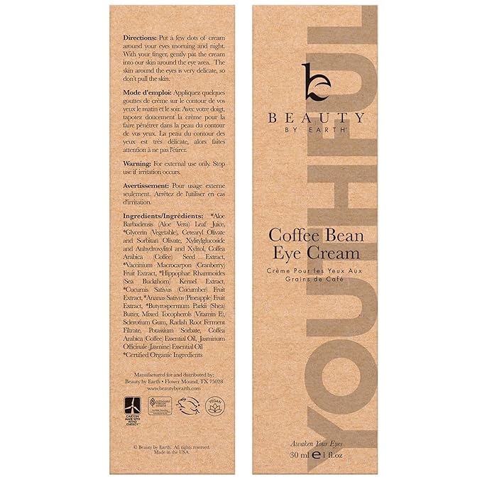 Beauty by Earth Caffeine Eye Cream for Puffiness & Bags Under Eyes - USA Made with Natural & Organic Ingredients, Under Eye Cream for Dark Circles with Glycerin & Vitamin E, Brightens & Refreshes