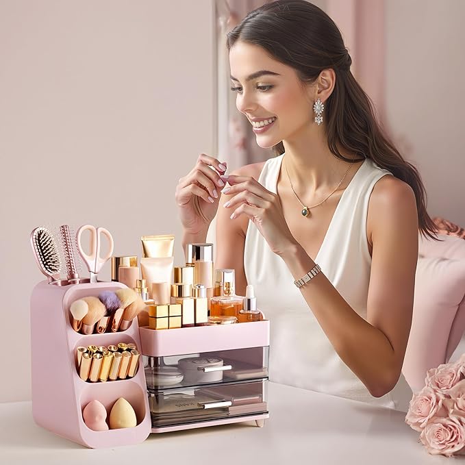 HBlife Makeup Organizer with Brush Holder for Vanity, Large Plastic Bathroom Countertop Organizer Skin Care Storage, Easy to Store Lipsticks, Nail Polishes, Perfumes, Eyeshadow Palettes, Pink