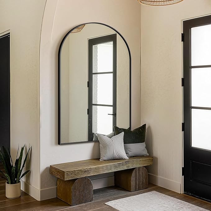 FICTOR Bathroom Vanity Mirror for Wall,55”x35” Large Arched Bathroom Mirror, Metal Framed with HD Shatter-Proof Glass for Entryway, Living Room,Bedroom, Wall Mounted or Leaned Against(Black)