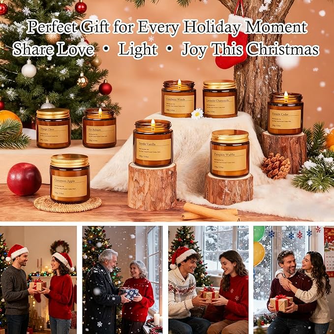 Holiday Candle Gift Set – 8 Pack Vintage Amber Glass Jar Candles,Winter Scents for Home,Christmas Gift for Women, Aromatherapy Soy Wax Candles,Cozy Home Décor,Premium Box