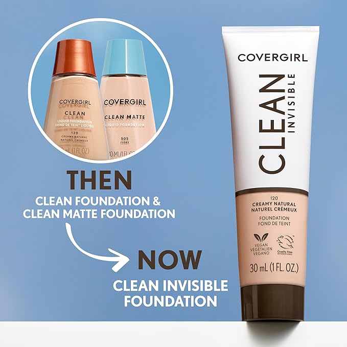 COVERGIRL Clean Invisible Foundation Makeup, Dewy & Glowy Natural Finish, Buildable Coverage, Skin-Like Smooth Look, Vegan, Classic Beige, 1oz (Pack of 2)