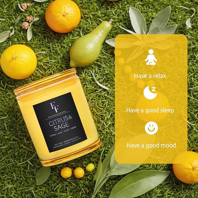 Citrus & Sage Scented Candle, 2-Wick Luxury Soy Wax Candle, 9 oz Aromatherapy Candle Home Fragrance Candles Gift