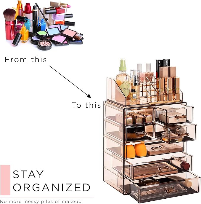 Sorbus Acrylic Makeup Organizer Set, 7-Drawer Vanity & Countertop Cosmetic Storage with Small & Wide Compartments, Bronze Glow Makeup Storage for Brushes, Jewelry – Holiday Gift for Women & Teens