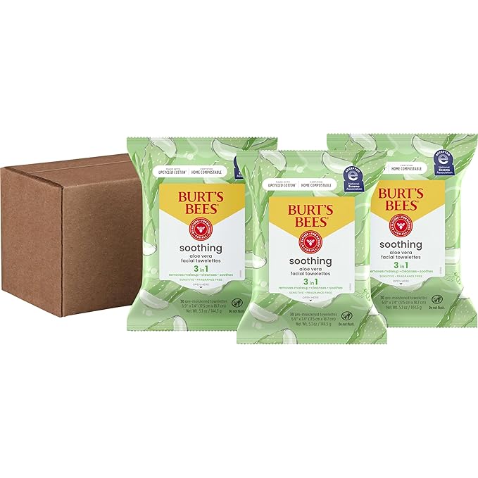 Burt's Bees Stocking Stuffers, Aloe Vera Face Wipes, for Sensitive Skin, Soothing Makeup Remover & Facial Cleansing Towelettes Christmas Gifts, 30 Ct. (3-Pack)