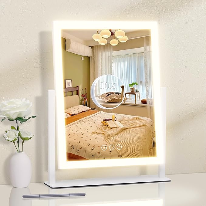 Lighted Makeup Mirror, Hollywood Vanity Mirror with Lights, Three Color Lighting Modes, and 5X Magnification Mirror, Smart Touch Control, 360°Rotation