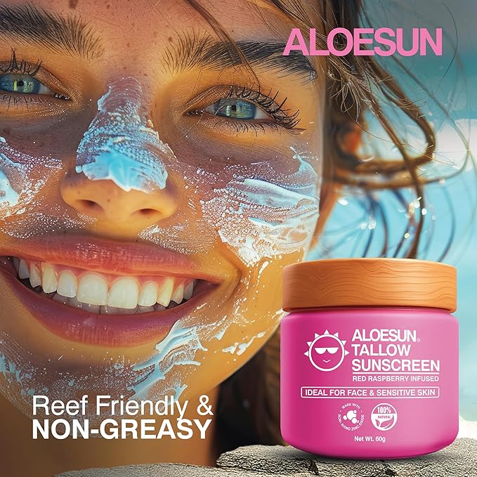 ALOESUN Organic Beef Tallow Sunscreen - Natural Sunblock Lotion for Face and Body with Non Nano Zinc Oxide Mineral Protection - Reef Safe Travel Size Tallow Moisturizer for Adult and Baby - 2.12 Oz