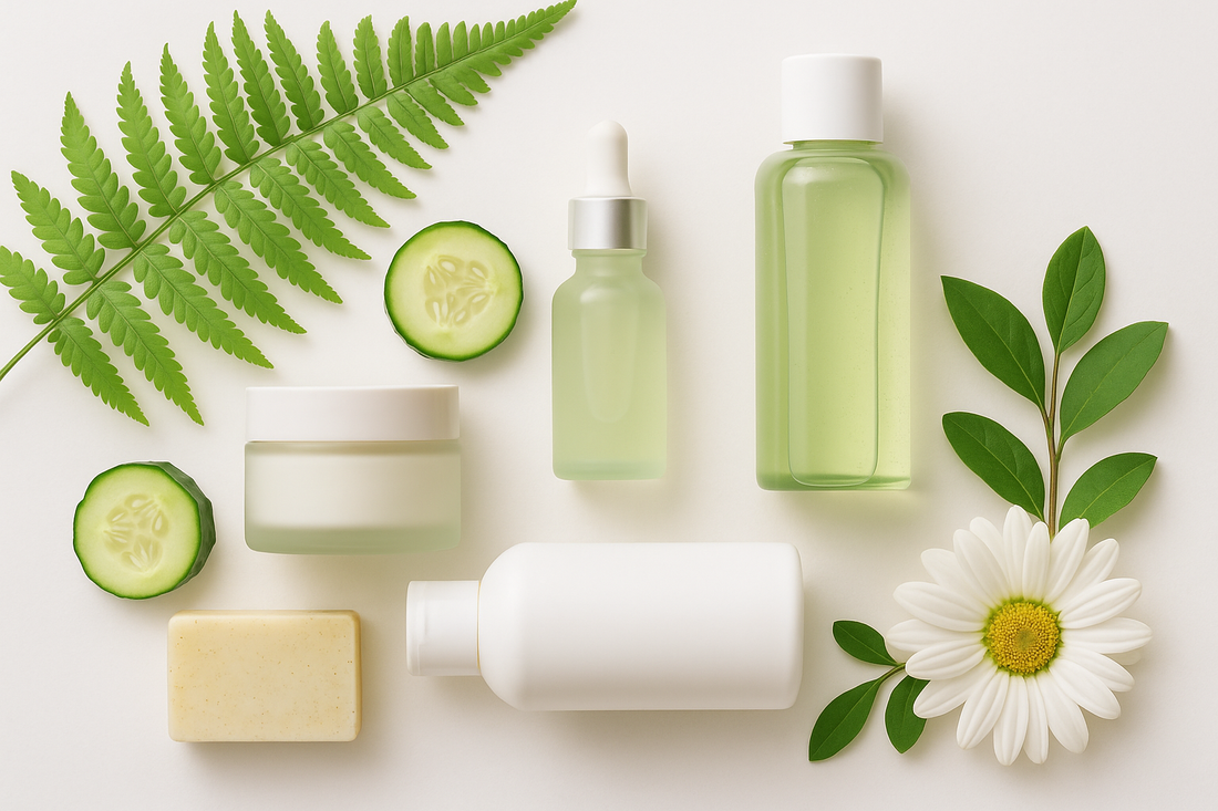 “Clean and natural skincare essentials arranged with green leaves and soft light for BloomVera Beauty blog”