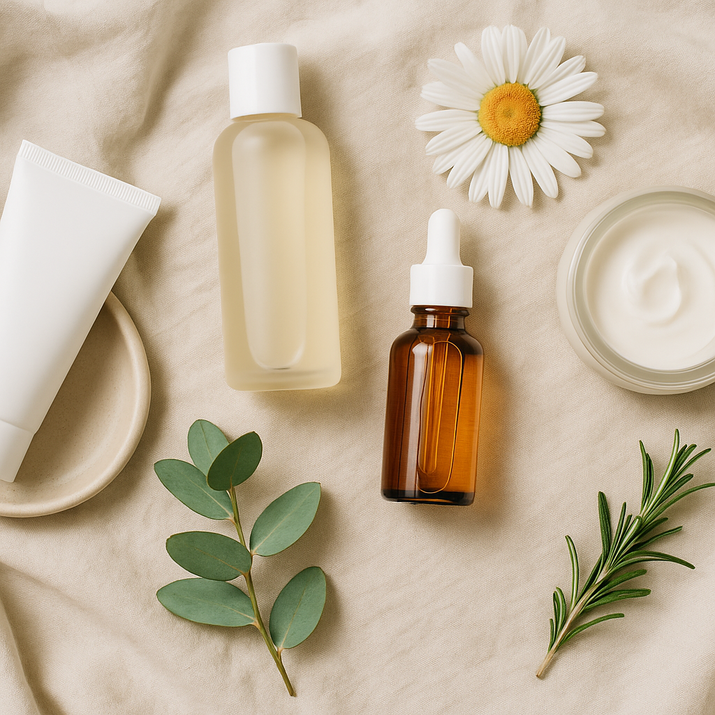 Clean beauty flatlay with vegan skincare products arranged on a soft natural background