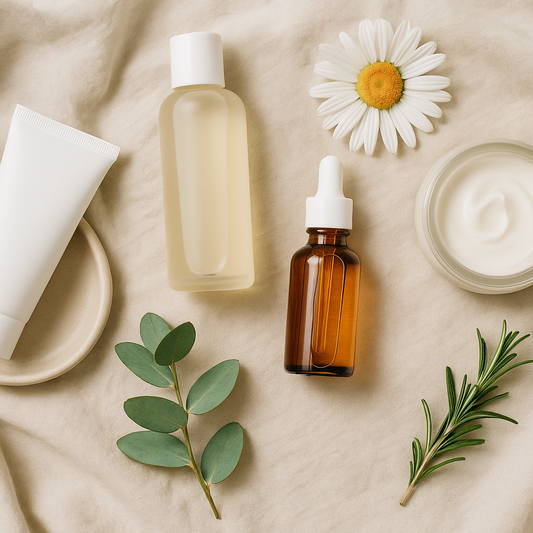Clean beauty flatlay with vegan skincare products arranged on a soft natural background