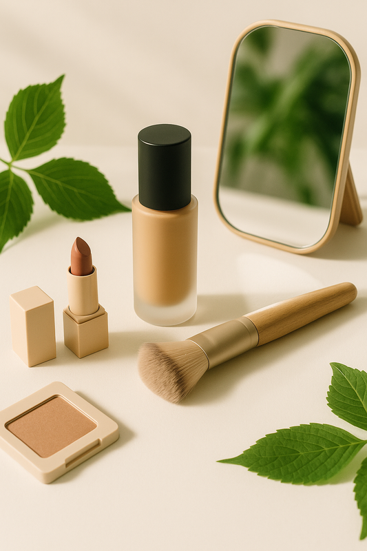 “Clean and natural makeup products arranged on a neutral surface with soft natural lighting for BloomVera Beauty blog”