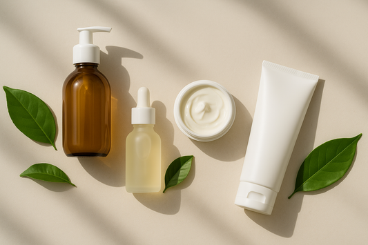 “Clean and natural skincare products arranged with green leaves and sunlight for BloomVera Beauty blog”