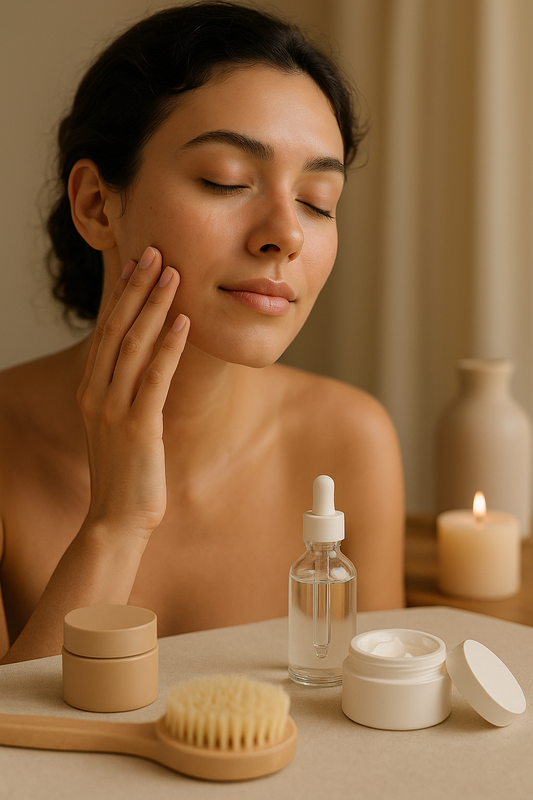 Young woman gently touching her cheek during a calming skincare routine, surrounded by moisturizer jars, a serum bottle, a wooden face brush, and a warm candle in a soft neutral setting