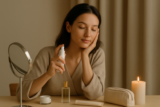 Woman gently misting her face during a calm midday skincare reset, surrounded by a candle, mirror, cosmetic pouch, and minimal beauty products on a wooden table