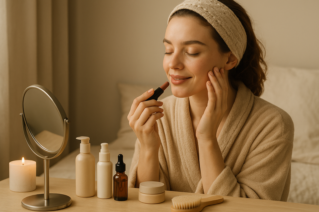 Woman in a beige robe applying natural lip color in a softly lit room, surrounded by skincare bottles, a mirror, and a lit candle creating a warm self-care atmosphere