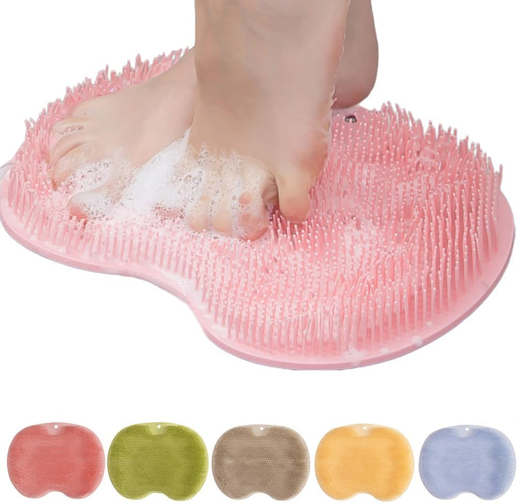 BloomVera Beauty bath accessories including loofahs, sponges, brushes, and bath pillows arranged in a clean spa-inspired setting